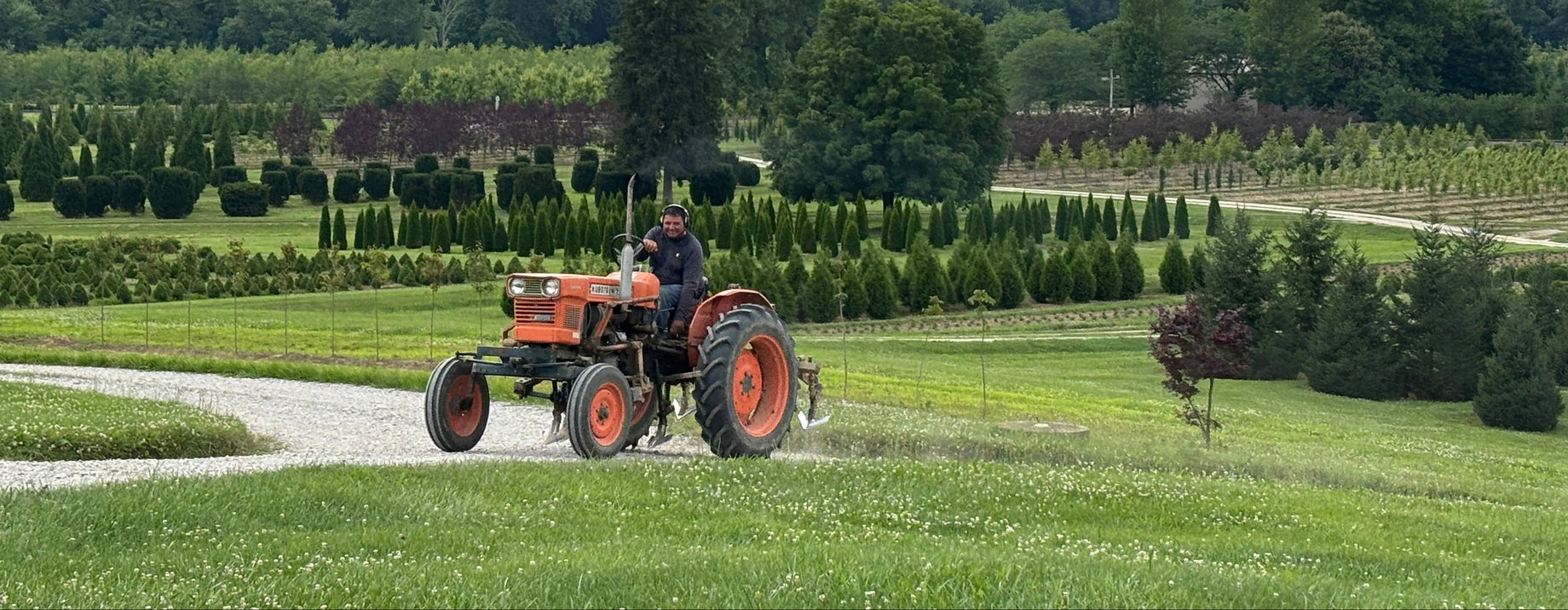 Tractor spraying a field with trees and cloudy sky in the background