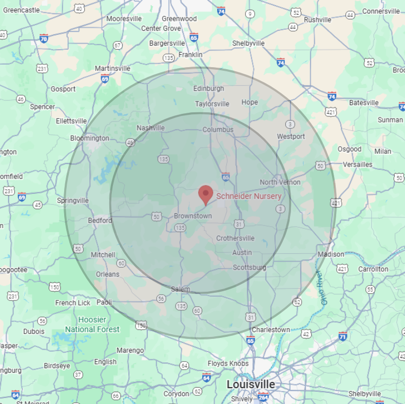 Map with a nuclear bomb radius diagram centered on Schneider Nursery in Greensboro, NC.